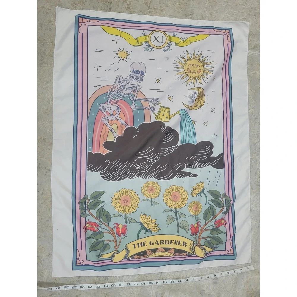 The Gardener Tarot Card Skeleton Sunflower Wall Tapestry 36x28 Pink Blue XI